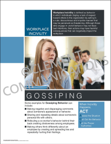 Workplace Incivility Gossiping safety poster illustrating how ridiculing co-workers creates divisiveness and hurts teamwork.