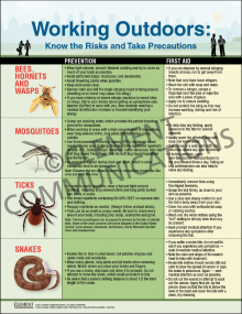 Occupational environmental safety poster titled "Working Outdoors: Know the Risks and Take Precautions" designed for field, utility, and construction crews.