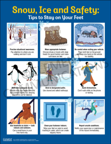 Industrial winter safety infographic poster titled "Snow, Ice and Safety: Tips to stay on your feet." illustrating slip, trip, and fall prevention tips.