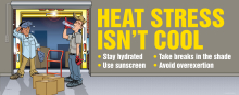 Banner promoting preventative action, breaks, and hydration to keep workers safe from heat-related illness.