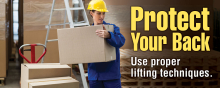 "Protect Your Back Safety Banner" for promoting proper lifting techniques and ergonomics to prevent workplace injuries.