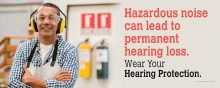 Warning message about hazardous noise exposure and the importance of using the right safeguards to prevent permanent hearing loss.