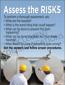 "Assess the Risks" safety poster from Clement Communications, providing a high-visibility reminder to ask questions and follow procedures for thorough hazard assessment.