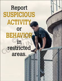 "Restricted Area" safety poster from Clement Communications, designed to remind personnel to report suspicious activity in secure areas.