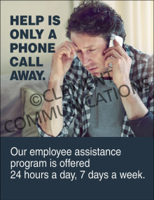 Workplace wellness and safety poster titled "Help Is a Phone Call Away," highlighting crisis hotlines, employee assistance programs, and mental health support.