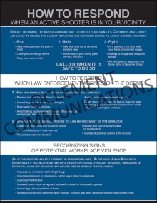 Industrial emergency preparedness safety poster titled "How To Respond When An Active Shooter Is In Your Vicinity." detailing life-saving action steps.