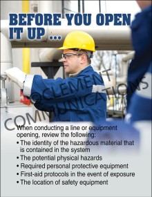 Industrial line and equipment opening safety poster titled "Before you open it up..." detailing chemical hazard identification and PPE protocols.