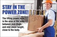 Banner promoting the "Power Zone" safe lifting area (between mid-thigh and mid-chest) for proper form and injury prevention.