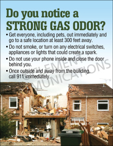 "Do You Notice a Strong Gas Odor?" safety poster from Clement Communications, providing a high-visibility alert for potential gas leaks and emergency reporting.