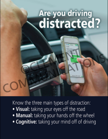"Are You Driving Distracted?" fleet safety poster from Clement, detailing the three main types of distractions: visual, manual, and cognitive.