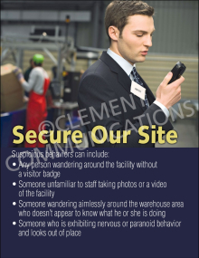 Industrial site security safety poster titled "Secure our site." detailing suspicious behavior indicators including unbadged visitors and unauthorized photography.