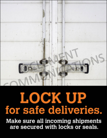 "Lock Up-Safe Deliveries" safety poster from Clement Communications, emphasizing the importance of locking trailers to ensure secure and safe deliveries.