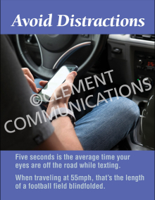 Safety poster titled "Avoid Distractions" reminding drivers to keep their eyes on the road and focus entirely on driving safely.