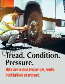 The "Tread Condition & Pressure" fleet safety awareness poster by Clement Communications, promoting proper tire safety and inflation protocols.