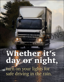 The "Whether It's Day or Night" fleet safety awareness poster by Clement Communications, promoting constant driver vigilance around the clock.