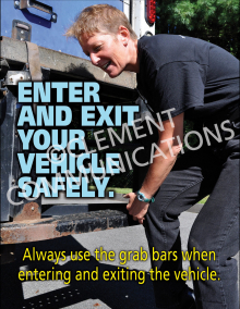 Enter and Exit Your Vehicle Safely Safety Poster demonstrating proper techniques to prevent slips, trips, and falls.