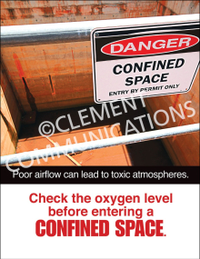 Industrial confined space safety poster titled "Danger Confined Space. Entry by permit only." emphasizing oxygen testing and airflow protocols.