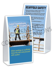 Construction safety table-top tent card titled "Scaffolding Safety" featuring a mini safety poster on one side and actionable safety tips on the reverse.