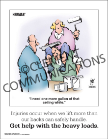 Herman - Get Help With The Heavy Loads Safety Poster from Clement, highlighting the risk of back injuries when muscles are tight and cold.