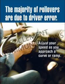 Fleet and heavy equipment safety poster titled "The majority of rollovers are due to driver error" with speed adjustment instructions for curves and ramps.