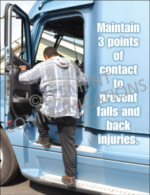 Industrial fall prevention poster titled "Maintain 3 points of contact to prevent falls and back injuries." highlighting safe climbing and vehicle access techniques.
