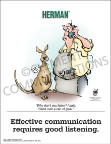 Workplace safety poster titled "Effective Communication" featuring Herman and emphasizing how clear communication leads to a safer and more productive team environment.
