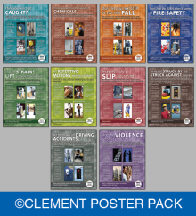 A bundle of OSHA-focused safety posters featuring topics like fall protection, chemical safety, and electrical hazards to prevent workplace injuries.