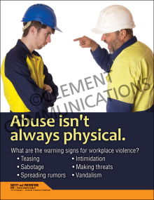 Industrial workplace culture and safety poster titled "Abuse isn't always physical." detailing psychological warning signs of workplace violence.