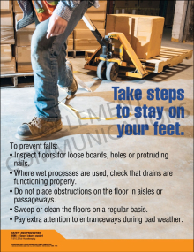 Industrial fall prevention safety poster titled "Take steps to stay on your feet." outlining floor maintenance, drainage checks, and housekeeping steps.
