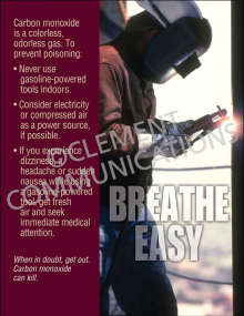 Workplace hazard safety poster titled "Carbon Monoxide: Breathe Easy" detailing precautions, symptoms, and proper ventilation steps to prevent gas poisoning.