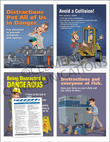 Warehouse Safety Focus Pack 4 set featuring four 17" x 22" pedestrian safety posters and an industrial equipment training meeting guide.