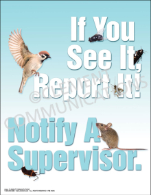 "If You See It, Report It" food safety poster from Clement, instructing employees to report animal activity to prevent food contamination.