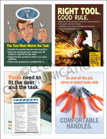 Tool Safety Focus Pack 3 set featuring four 17" x 22" hand and power tool safety posters and a "Right Tool" training meeting guide.