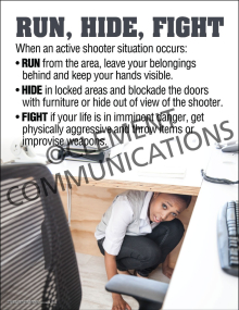 Industrial active shooter emergency response poster titled "Run, Hide, Fight" detailing critical survival tactics for workplace violence emergencies.