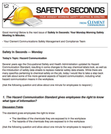 Safety in Seconds weekly safety meeting script delivered digitally to help managers lead quick 5-minute safety huddles.