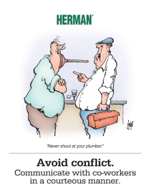 Industrial workplace culture and safety poster titled "Avoid conflict. Communicate with co-workers in a courteous manner." promoting respect.