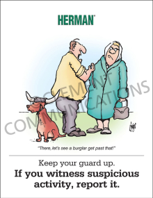 Industrial facility security safety poster titled "Keep your guard up. If you witness suspicious activity, report it."