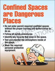 Industrial safety poster titled "Confined spaces are dangerous places." detailing permit authorization, hazard testing, and mandatory PPE protocols.