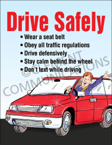 "Drive Safely-Defensively" safety poster from Clement, encouraging drivers to wear seatbelts and adhere to all traffic regulations for road safety.