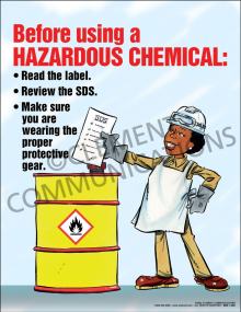 Before Using a Hazardous Chemical safety poster with instructions to read labels and review Safety Data Sheets (SDS).