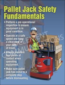 Pallet Jack Safety Fundamentals Poster from Clement, highlighting the importance of pre-operational inspections for safe equipment use.