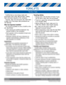 "Warehouse Safety - Forklifts" toolbox talk training sheet from Clement, featuring safety meeting points and a comprehension quiz.