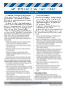 Warehouse Safety Hand Trucks Toolbox Talk training sheet featuring key safety points and a review quiz for warehouse employees.