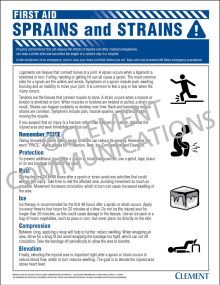 First Aid - Sprains and Strains safety poster detailing the causes, symptoms, and immediate response steps for joint and ligament injuries.