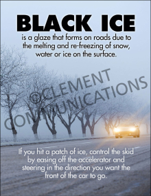 "Winter Hazards - Black Ice" fleet safety poster from Clement, providing instructions on how to react when hitting black ice while driving.