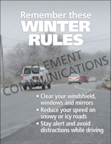 The "Winter Hazards: Winter Rules" safety poster by Clement Communications, displaying guidelines and rules for staying safe during cold weather events.