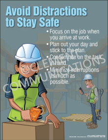 "Distractions - Stay Safe" workplace safety poster from Clement, encouraging employees to maintain focus and minimize interruptions to stay safe.
