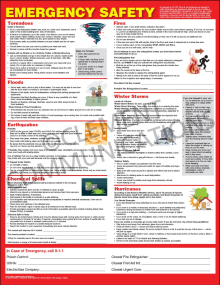 Industrial emergency response poster detailing step-by-step crisis action plans for fires, chemical spills, floods, and severe weather.