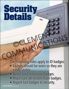 Industrial facility security poster titled "Security Details" outlining mandatory rules for ID badge visibility, lending prohibitions, and lost badge protocols.
