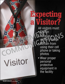 Industrial facility security poster titled "Expecting a visitor?" detailing visitor sign-in rules, photo restrictions, and mandatory PPE requirements.